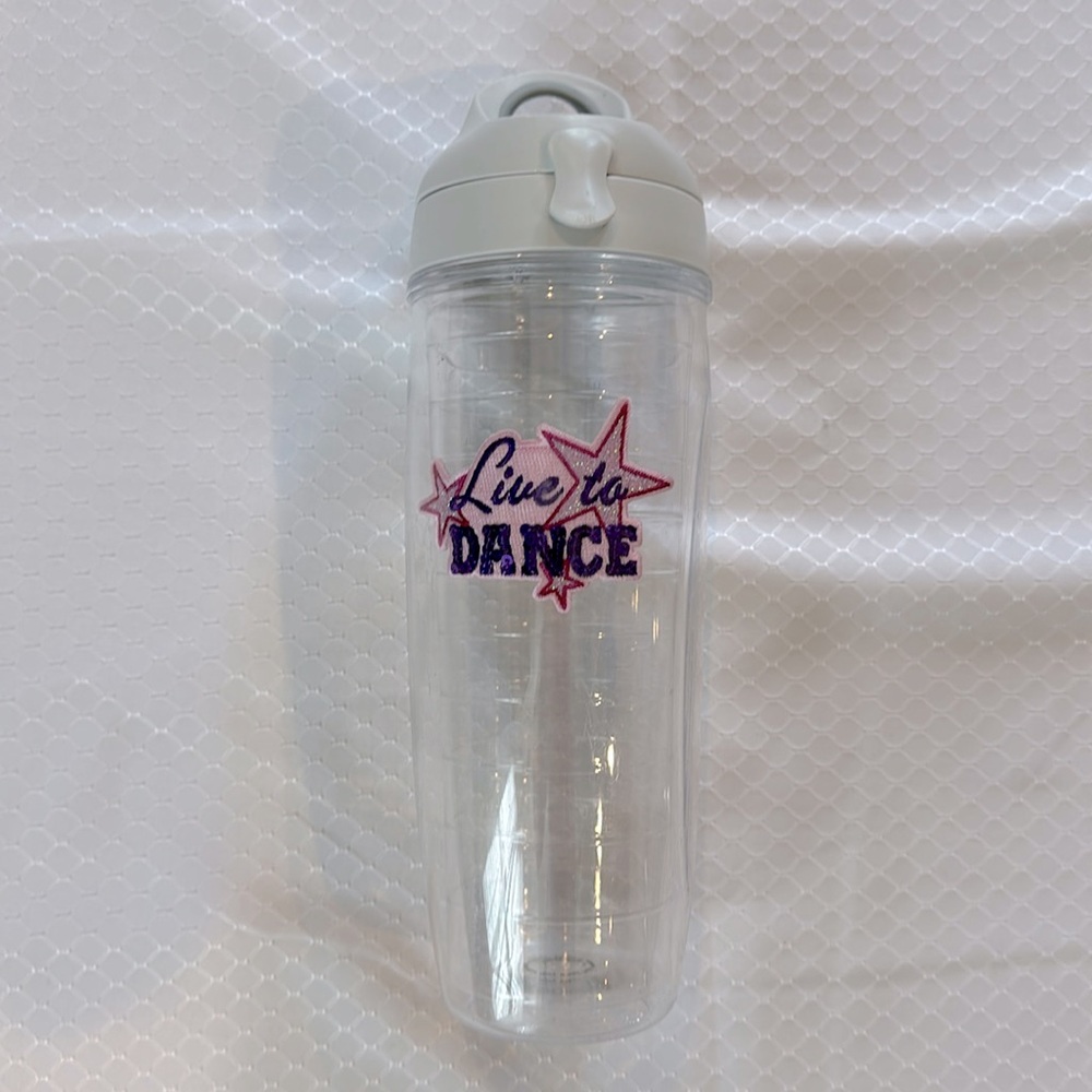 LIVE TO DANCE  TERVIS Waterbottle, ounce marks, flip lid, carabiner loop